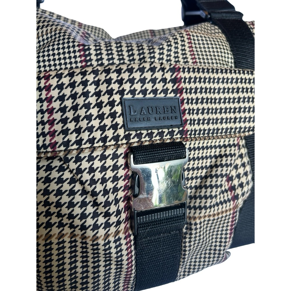 Lauren Ralph Lauren Houndstooth Nylon Tote Bag Tan Black Red Buckle Shoulder Bag - Picture 4 of 9